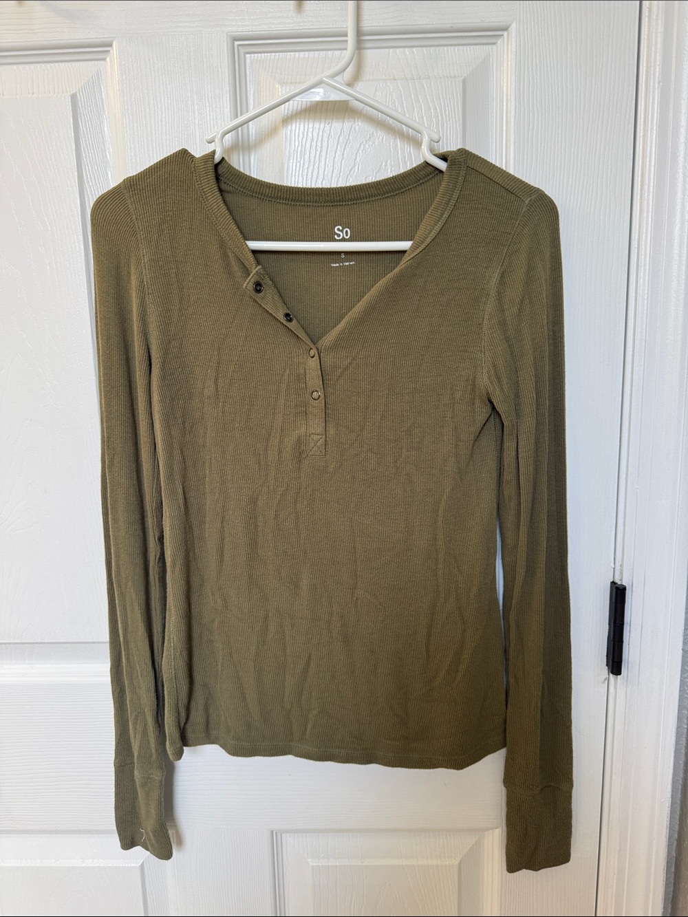 SO Olive Ribbed Long-Sleeve Henley Top